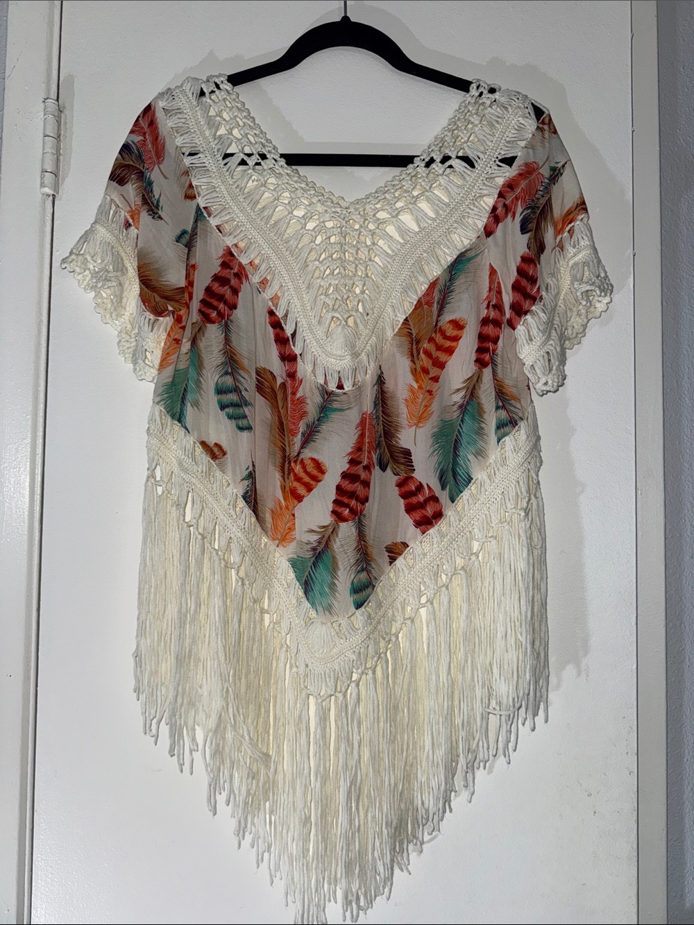 Bohemian Feather Fringe light tunic- Cream with Multicolor Feathers